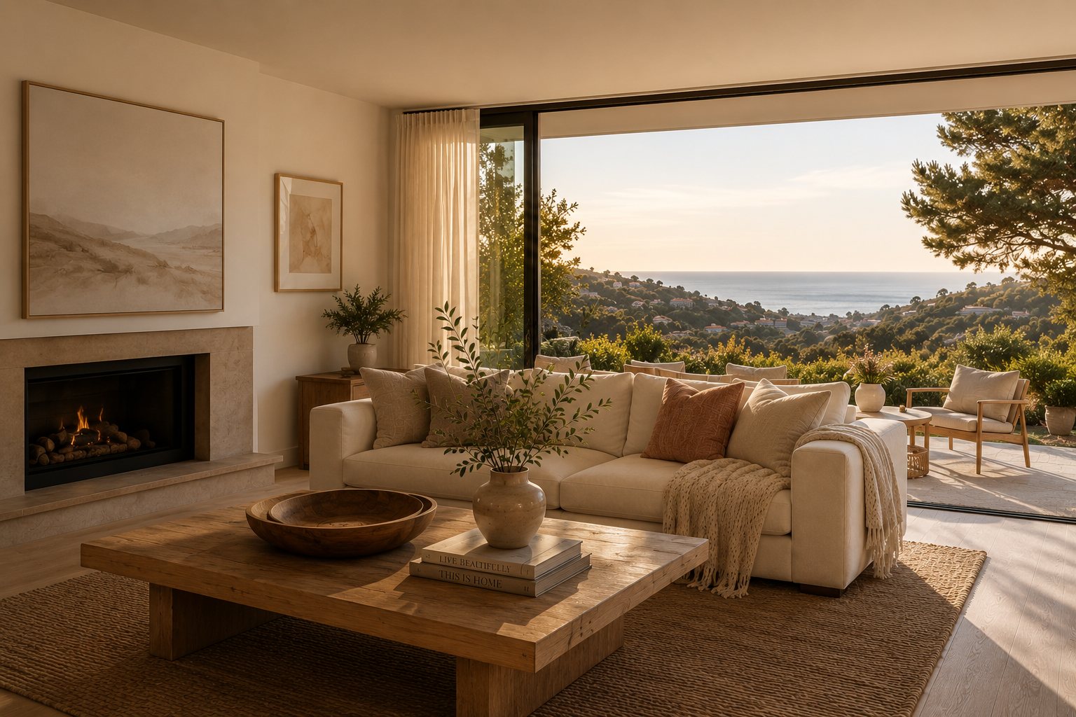 Bright living room with coastal views